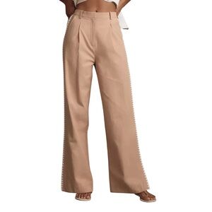 Anthropologie MON RENN embroidered pleated Lisle Pants biscuit size medium